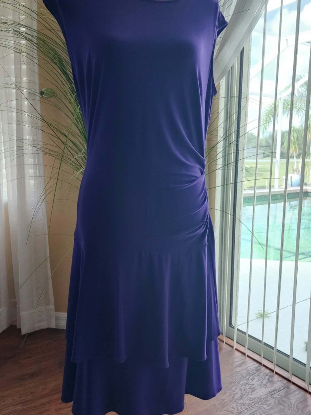 American Living Purple Ruffle Midi Dress Size 12 Ruched Flattering Fit - Picture 9 of 10